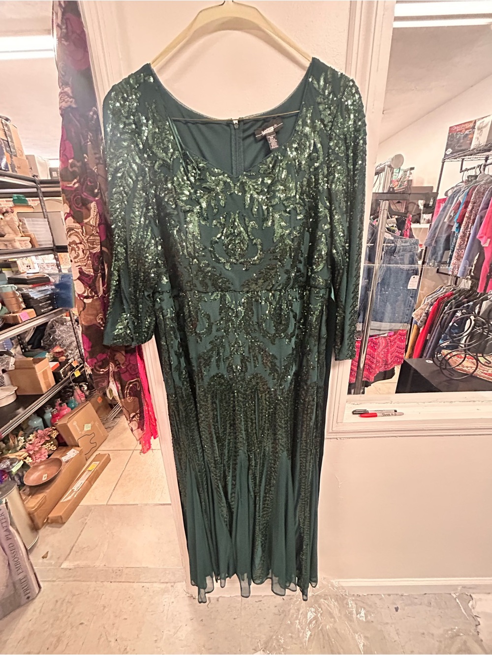 R&M Richards Emerald Green Sequin Formal Gown Dress Plus Size 20W